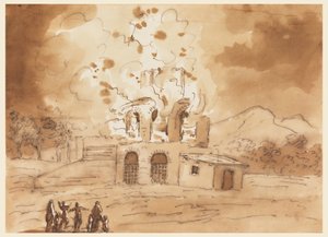 Zeichnung, Landschaft mit einem brennenden Turm von Carlo Marchionni