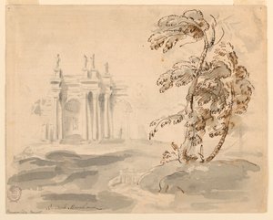 Zeichnung, Baum in Landschaft mit Gebäude, 1756–78 von Carlo Marchionni