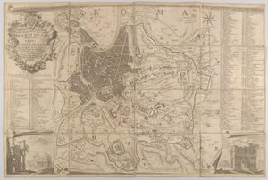 Plan des antiken Rom mit einer Ansicht des Pantheon unten links und einem Triumphbogen unten rechts, 1748