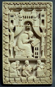 Der heilige Gregor schreibt mit Schreiber darunter, franko-deutsche Schule, c.850-875 von Carolingian School