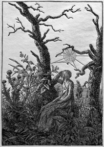 Die Frau mit dem Spinnennetz zwischen kahlen Bäumen von Caspar David Friedrich