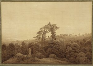 Küstenlandschaft mit Kreuz und Statue von Caspar David Friedrich