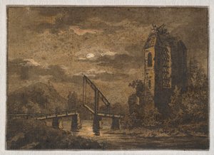 Landschaft mit Klappbrücke und Ruine im Mondschein