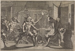 Albrecht von Wallenstein, Herzog von Friedland, wird von seinen eigenen Soldaten ermordet, 1634 von Caspar Luyken (attributed to)