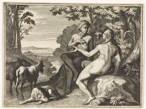 Adam und Eva umgeben von Tieren im Paradies