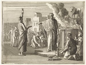 Der Gottesmann aus Juda prophezeit gegen den Altar, auf dem Jerobeam den Kalbdienst ausübt von Caspar Luyken