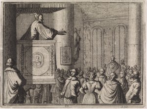 Teufel spricht von einer Kanzel zu einer Menschenmenge von Caspar Luyken