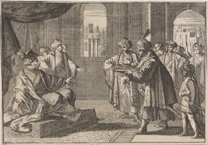Guei-tschun, erster Minister unter Kaiser Chongzhen, wird ein Seidentuch gebracht, um sich zu erhängen, 1643 von Caspar Luyken