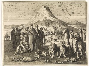 Noah, seine Familie und die Tiere verlassen die Arche von Caspar Luyken