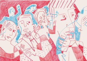 Ausdrucksstarke Figuren in Rot und Blau von Catalina Somolinos