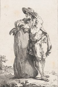 Bauer, der sich auf einen Sack Getreide lehnt von Catherine Francoise Beauvarlet