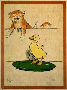 Katzen und Ente. Zeichnung von Cecil Aldin (1870-1935). Paris, Decorative Arts