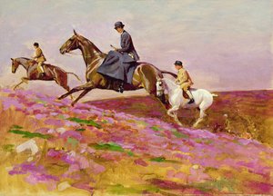 Lady Currie mit ihren Söhnen Bill und Hamish bei der Jagd auf Exmoor