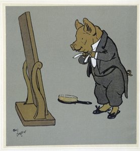 Schwein pflegt sich, bindet seine Krawatte vor einem Spiegel - in Merry Party, ill. von Cécil Aldin, ed. Hodder & Stoughton, London