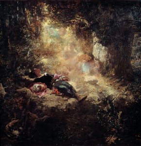 Ein Sonnenstrahl. Junge Leute schlafen in einer Lichtung. Gemälde von Celestin Nanteuil (1813-1873). von Celestin Francois Nanteuil