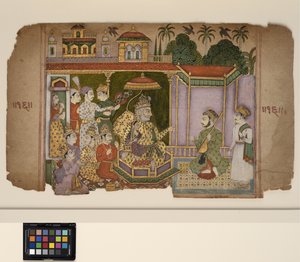 Ein König und Höflinge hören einem Musiker zu, ca. 1750