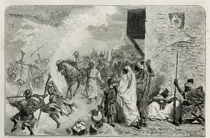 Ein Junge trägt triumphierend bei der Rückkehr der Beschneidungszeremonie, inmitten der Menge, die in die Luft schießt, während er schreit und sich wieder freut, Gravur von C. Biseo zur Illustration der Geschichte Le Maroc von Edmondo de Amicis von Cesare Biseo