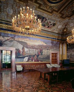 Die Sala Maccari (Detail eines Panels, das einen Redner vor einer Menge zeigt)
