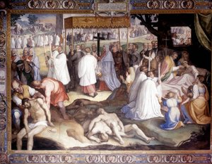 Pest von Mailand: Der heilige Karl Borromäus (1538-1584) kommuniziert die Sterbenden. Fresko von Carlo Nebbia im Borromäus-Kolleg in Pavia. 16. Jahrhundert. von Cesare Nebbia