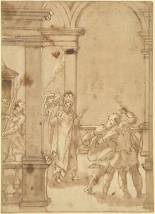 Zwei Figuren kämpfen vor einem König von Cesare Nebbia