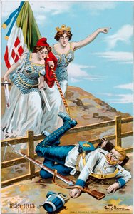 Erster Weltkrieg: Plakat, das eine Allegorie von Italien und Frankreich zeigt, die Deutschland über die Grenze jagen von Cesare Tallone