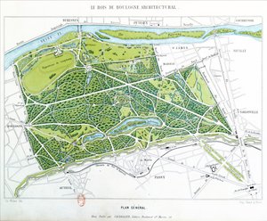 Plan des Bois de Boulogne in Paris, veröffentlicht von Caudrilier, 1860 von Ch. Walter