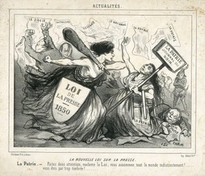 Illustration von Cham (1819-1879) in Le Charivari, circa 1850-4-3 - Das neue Gesetz über die Presse - Zensur, Presse/Medien, Gesetz - Proudhon Pierre-Joseph (1809-1965), Girardin Emile de (1806-1881) - Allegorie
