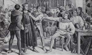 Lord Saye und Sele, kurz vor der Enthauptung in Jack Cades Rebellion