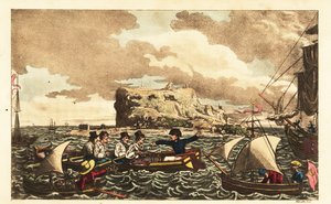 Seekadett Newcome wird mit einem Ruderboot zur HMS Vanguard in der Nähe von Gibraltar gebracht von Charles (c.1797 1850) (after) Williams
