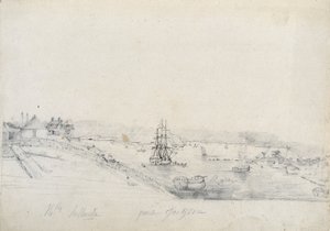 Rechts das Lager der Franzosen der Baudin-Expedition am Bennelong Point, links Sydney, Heimat von Nicolas Bayley - Bleistift und Tinte von Charles Alexandre Lesueur