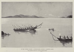 Am Victoria Nyanza, ein Flusspferd greift eine Jagdgesellschaft an von Charles Auguste Loye