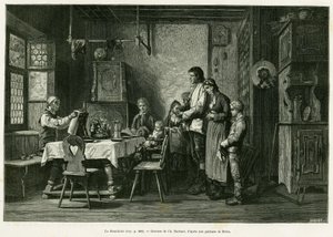 Das Benedizit. Barbant-Gravur nach einem Gemälde von Brion zur Illustration der Geschichte „Durch Elsass und Lothringen“ von Charles Grad, deutscher Abgeordneter, 1884, in Le Tour du monde 1886, herausgegeben von Edouard Charton (1807-1890), Hachette, Pari von Charles Barbant