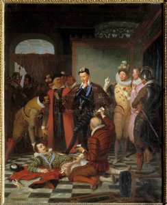 Heinrich III., König von Frankreich, stößt den Leichnam von Henri I. von Lothringen, Herzog von Guise, genannt der Balafré, nach seiner Ermordung im Schloss von Blois von Charles Barthelemy Durupt