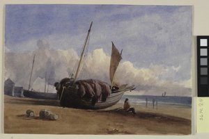 Gestrandetes Fischerboot mit sitzendem Fischer von Charles Bentley
