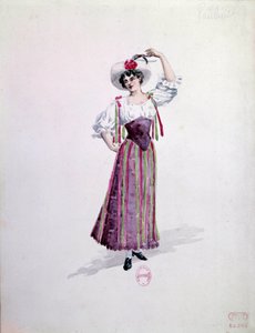 Kostüm einer jungen Frau (Nedda oder Colombine?) für die Oper „Pagliacci“ von Ruggero Leoncavallo. Aquarell von Charles Bianchini