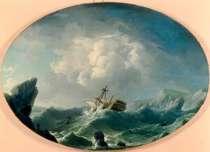 Ein britisches Kriegsschiff in rauer See vor einer felsigen Küste von Charles Brooking