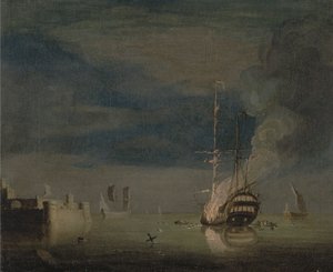 Ein Zweidecker brennt nachts vor einer Festung von Charles Brooking