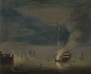 Ein Zweidecker in der Nacht vor einer Festung in Brand von Charles Brooking