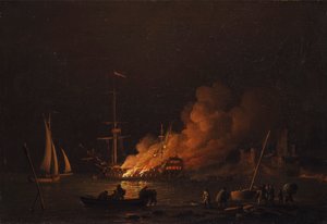 Schiff in der Nacht in Brand
