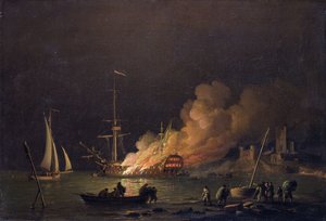 Schiff in der Nacht in Brand, ca. 1756 von Charles Brooking