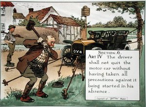 Abschnitt 6. Art. IV Der Fahrer darf das Auto nicht verlassen, ohne alle Vorsichtsmaßnahmen gegen ein Starten in seiner Abwesenheit getroffen zu haben, aus einem Buch der Straßenverkehrsregeln, veröffentlicht ca. 1905