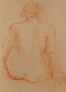 Sitzender Akt von hinten (Rötel auf Papier)
