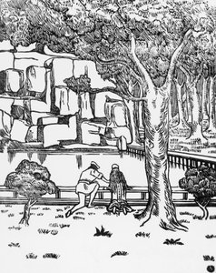 Menschen, die eine Quelle betrachten, Holzschnitt von Charles Doudelet (1861-1938) für Pelleas und Melisande von Maurice Maeterlinck (1862-1949), veröffentlicht von Claudio Argentieri, Spoleto, Italien von Charles Doudelet