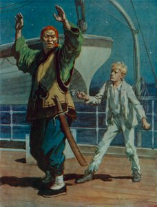 Junge hält einen chinesischen Piraten mit einer Waffe in Schach, Szene aus Hai Ping der Pirat von Charles Edmund Brock