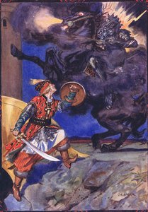 Ich bin gekommen, um dich zu bekämpfen, Räuber meiner Geliebten, Szene aus Sucna Murga in Kindererzählungen aus rumänischen Legenden von Moses Gaster von Charles Edmund Brock
