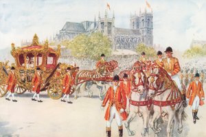 Die Krönungskutsche biegt auf die Uferstraße ein (Farblithografie) von Charles Edmund Brock