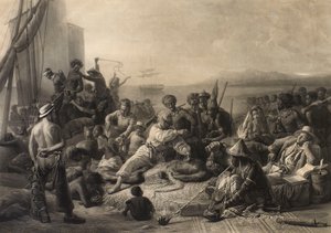 Szene an der Küste Afrikas: Sklaven und Sklavenhalter warten auf den Transport ins Ausland