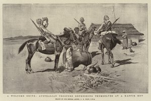 Ein Willkommensgetränk, australische Truppen erfrischen sich an einer Kaffir-Hütte von Charles Edwin Fripp