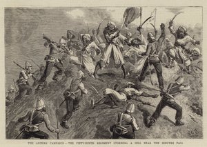 Der Afghanische Feldzug, das neunundfünfzigste Regiment stürmt einen Hügel in der Nähe des Sebundi-Passes von Charles Edwin Fripp