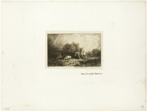 Landschaft mit Mann zu Pferd, Schweinen und Kuh